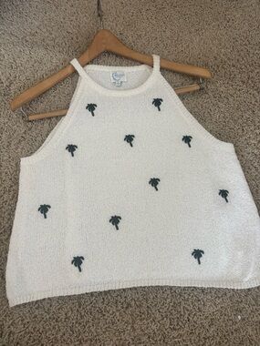 Blue Rain Cream Knit Halter Tank with Green Palm Embroidery size small
